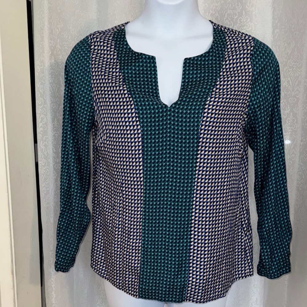 BODEN Green and Navy Printed Split-Neck Blouse Sz: 16